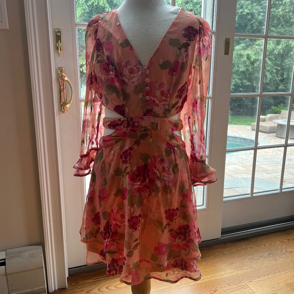 NWT Rahi Florence Print Pink/Peach Floral Cut Out Mini Dress Women's size Medium